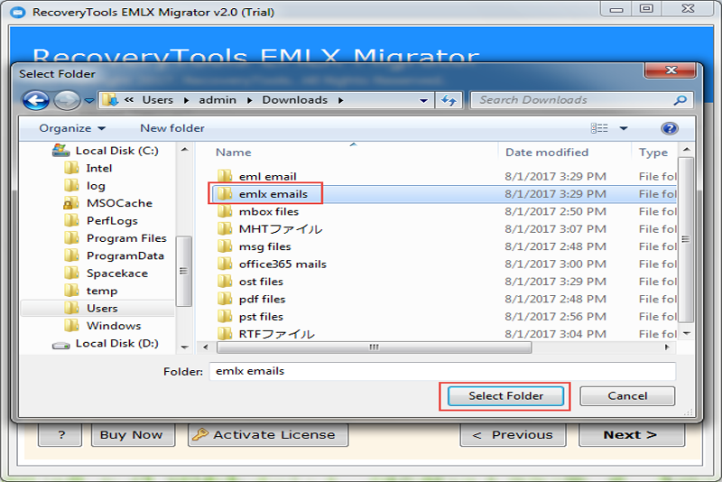 select mac emlx files on your pc