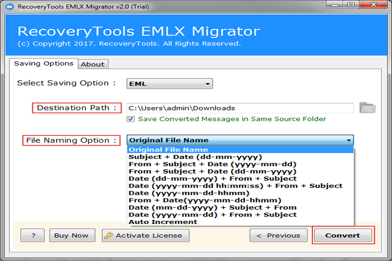 emlx files to eml converter offers destination Path with desired file naming option