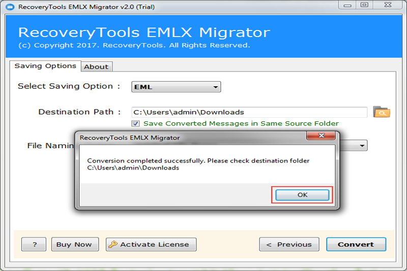 mac emlx files to eml windows live mail conversion Procedure is done 