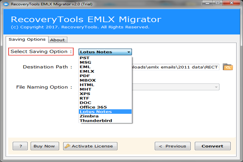 select format you want to convert from emlx files to nsf format