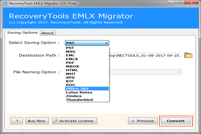 select needed file format to convert emlx to office365 account