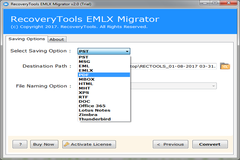 select wanted file saving format to convert emlx to pdf