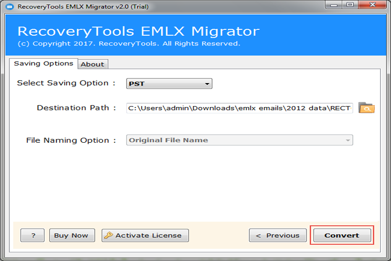 to start emlx files to pst conversion click covert button 